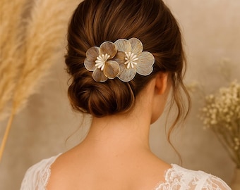 Peineta de flores doradas – Accesorio de boda estilo boho chic, joyería para el cabello de mujer, elegante recogido de noche