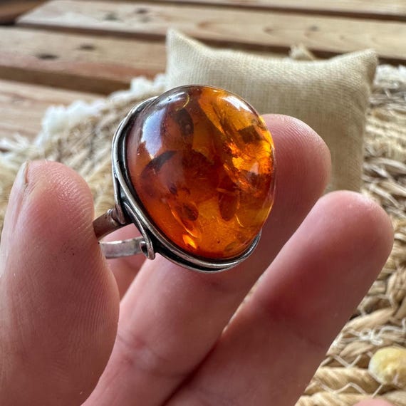 Bague Ancienne En Argent 925 Et Ambre – Taille 52 – Style Antique – Bijou Vintage
