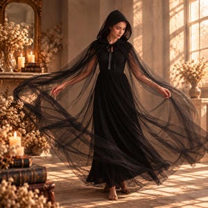Black double-layered tulle cape with hood and satin bow, boho witch cape, witch costume, Halloween