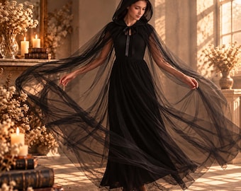 Cape noire en tulle double voile avec capuche et nœud satin, cape witch bohème, costume sorcière, Halloween