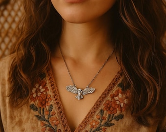Silver Wicca Owl Necklace - Outstretched Wings Owl Pendant - Mystical Boho Esoteric Witch Jewelry - Wicca - Owl Jewelry