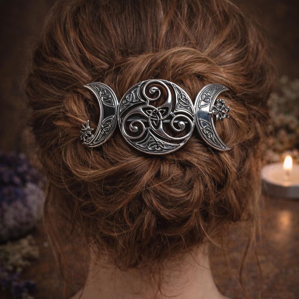 Triple Moon Triskelion Hair Clip – Silver Stainless Steel – Witch