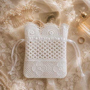 May include: A white lace drawstring pouch featuring a scalloped top edge, a central section with a repeating circular pattern, and a lower panel decorated with floral motifs. The pouch is cinched with a thin white satin ribbon on both sides.