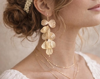 Boho wedding earrings, gold flower earrings, bridal floral earrings, long petal earrings, bridesmaid gift, lightweight statement earrings
