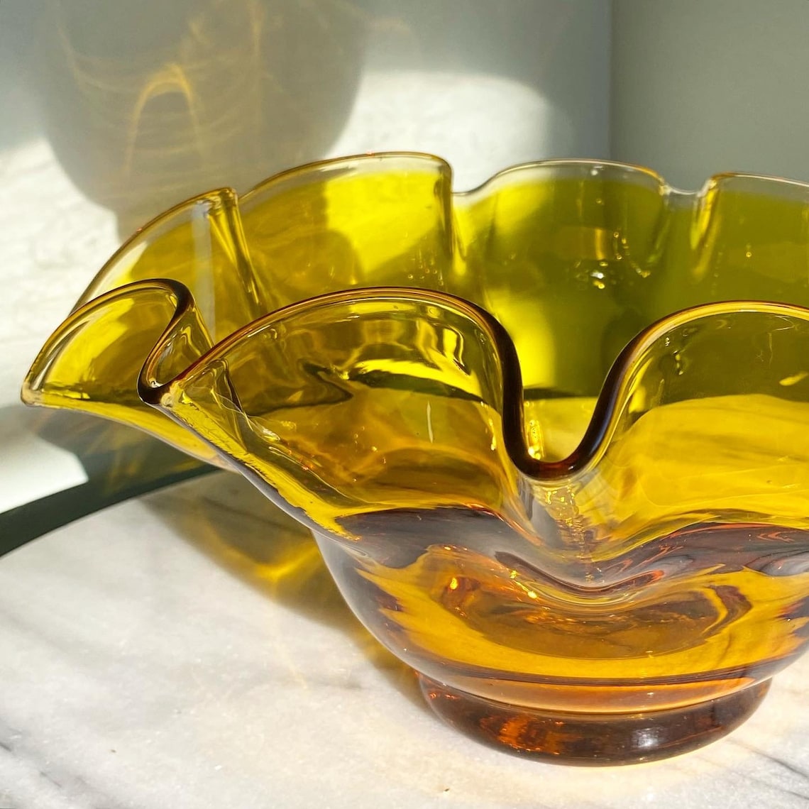Vintage Retro Yellow Blown Glass Bowl with Ruffled Collar Etsy