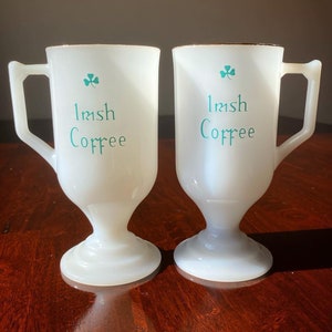 Vintage Milk Glass Irish Coffee Pedestal Shamrock Mug Pair