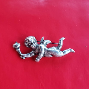 Antique Sterling Silver Angel Cherub Art Nouveau Brooch Pin Vintage 1900-1909