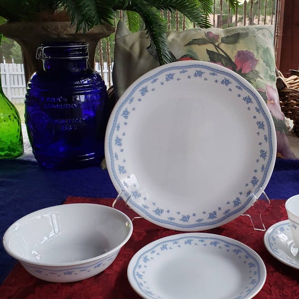 Vintage 1970's Corelle "Morning Blue" 4-Piece Settings: Dinner Plate, Salad/Dessert Plate, Cereal/Soup Bowl and Coffee/Tea Mug Like New!