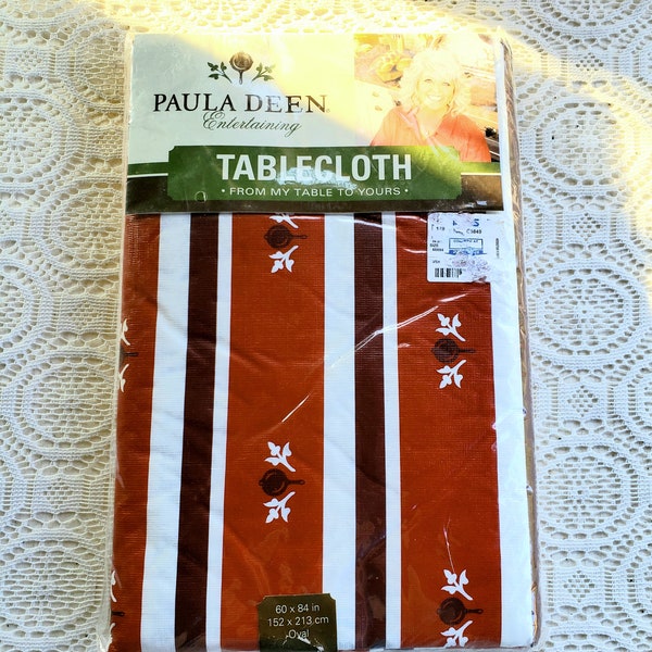 Vintage Paula Deen Stripe Vinyl Tablecloth 60" x 84" Oval New in Package Easy Care