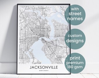 Jacksonville city map, anniversary gift map, first home map, minimalist map, housewarming gift for women, wall art for office, custom map