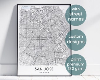 San Jose City city map, personalized map wedding gift, custom location map, wall art for living room modern, map print custom, map gift