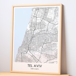Tel Aviv stadsplattegrond, minimalistische zwart-witte muurkunst, aanpasbare moderne stadsplattegrond, gepersonaliseerd reiscadeau, kaartdecor, kaartposter