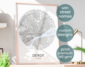 Detroit city map poster, housewarming gift for apartment, city map black and white, first home map, detailed poster, new home gift