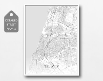 Tel Aviv City Map, choose different styles, detailed street names, map poster
