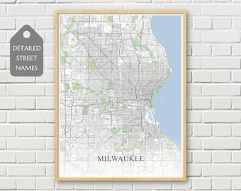 Milwaukee City Map, choose different styles, detailed street names, map poster