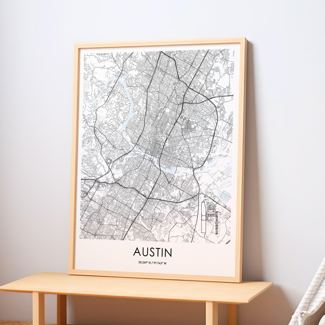 Austin City Map, Minimalist Black and White Wall Art, Customizable ...