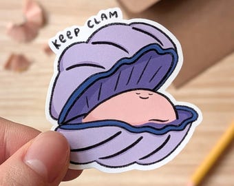 Keep Clam Vinyl Sticker (Purple) - Cute & Funny Clam Decal | Food Pun Waterproof Sticker for Laptop, Water Bottle, Journal, iPad, Kindle