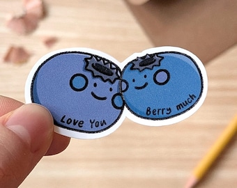 Love You Berry Much Waterproof Sticker - Cute Blueberry Pun | Romantic & Friendship Decal Gift for Laptop, Water Bottle, Journal, Kindle