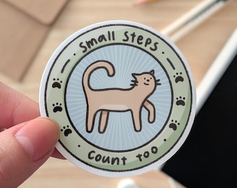 Small Steps Count Too Cat Sticker - Cute Kitty Decal | Motivational Laptop, Water Bottle, Planner Decor, Positive Reminder Gift For Friend