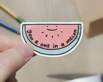 You R One in a Melon Waterproof Sticker - Cute Food Pun Sticker | Funny Love Fruit Decal for Laptop, Water Bottle, Journal, Kindle, Gifts