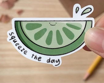 Squeeze The Day Sticker - Cute Lime Lemon Food Pun Waterproof Decal | Motivational Positive Sticker for Laptop, Water Bottle, Journal, Gifts