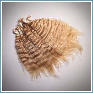 May include: A collection of crimped, light blonde doll hair wefts arranged in a fan shape. The hair strands feature a distinct wavy texture and are secured at the top with white thread. The text ©2026 Eliza Beth Dolls is visible.
