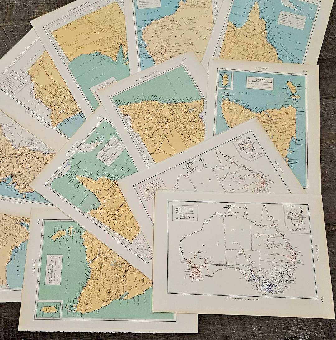 Australian States Map Pages. Vintage Encyclopaedia Pages for Junk