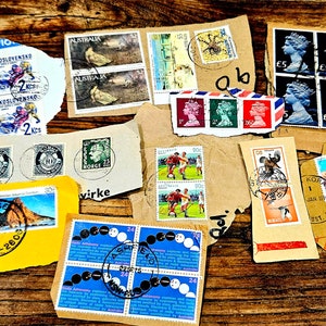 May include: A collection of vintage postage stamps from various countries, including Australia, Czechoslovakia, Great Britain, and others. The stamps feature a variety of designs, including birds, athletes, and landscapes. Some of the stamps are torn or damaged, but they are still in good condition.