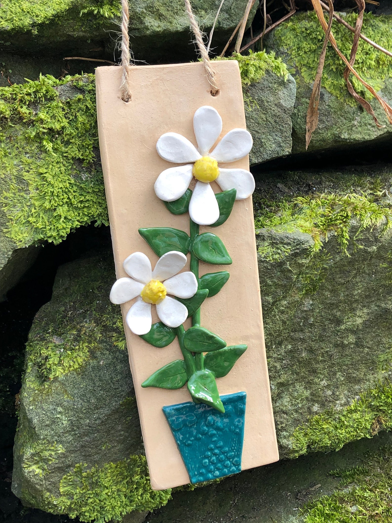 Ceramic daisy flower plaque handmade homemade outdoor indoor Etsy