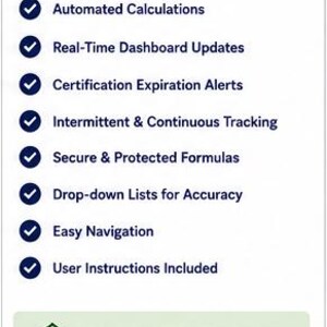 May include: A white informational graphic titled POWERFUL FEATURES BUILT FOR HR. It lists eight features with checkmarks: Automated Calculations, Real-Time Dashboard Updates, Certification Expiration Alerts, Intermittent & Continuous Tracking, Secure & Protected Formulas, Drop-down Lists for Accuracy, Easy Navigation, and User Instructions Included. A green box at the bottom contains a shield icon with a star and the text: SAVE TIME. REDUCE RISK. STAY COMPLIANT.
