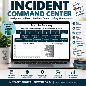 May include: A laptop screen displaying an Incident Command Center Microsoft Excel system for workplace incident, workers' comp, and safety management. The dashboard shows an executive summary, incident reporting data, and various tracking charts.