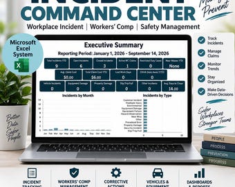 Workplace Incident Tracker | Workers' Comp | OSHA Safety Dashboard | Incident Management Spreadsheet | Excel