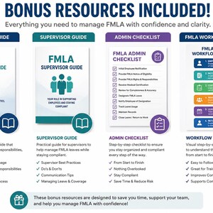 May include: A set of four FMLA management resources including an Employee Guide, Supervisor Guide, Admin Checklist, and Workflow Process chart. Each document features blue, teal, and purple branding with icons and text detailing leave procedures.