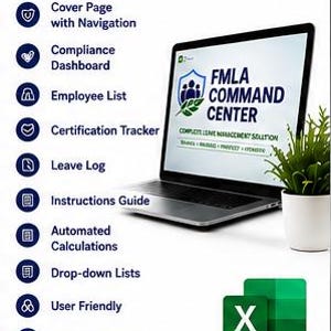May include: A digital FMLA Command Center management tool displayed on a laptop screen. The list includes a cover page, compliance dashboard, employee list, certification tracker, leave log, instructions guide, automated calculations, and drop-down lists.