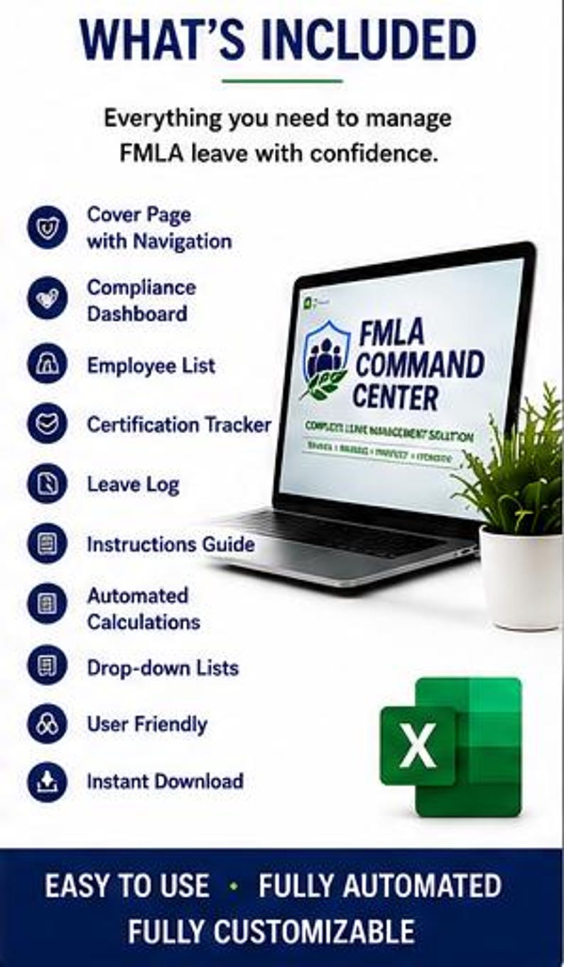 May include: A digital FMLA Command Center management tool displayed on a laptop screen. The list includes a cover page, compliance dashboard, employee list, certification tracker, leave log, instructions guide, automated calculations, and drop-down lists.