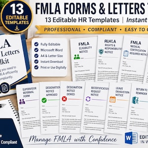 May include: An FMLA Forms & Letters Toolkit featuring 13 editable HR templates. The set includes documents like Eligibility Notice, Rights & Responsibilities, Medical Certification, and various notices for leave management, all in a professional layout.