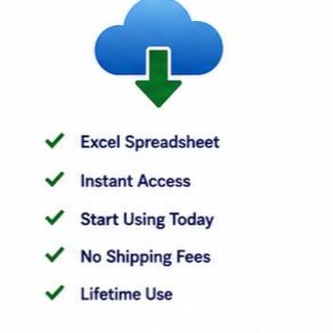 May include: A digital graphic featuring a blue cloud icon with a green downward arrow. Text includes INSTANT DOWNLOAD, Get started right away!, Excel Spreadsheet, Instant Access, Start Using Today, No Shipping Fees, Lifetime Use, and THANK YOU FOR SUPPORTING CHAOS CREATIVES! with a heart and leaf icon.