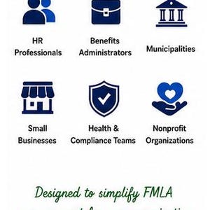 May include: A white informational graphic with the text PERFECT FOR at the top. It features six blue icons representing HR Professionals, Benefits Administrators, Municipalities, Small Businesses, Health & Compliance Teams, and Nonprofit Organizations. The bottom text reads Designed to simplify FMLA management for any organization with a small green leaf icon.