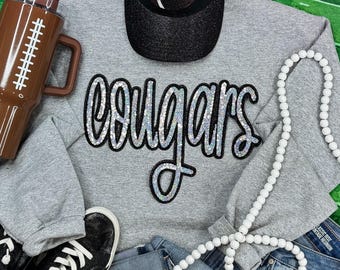 Cougars sequin shirt, sweatshirt, school mascot, sequin patch, cougars. basketball