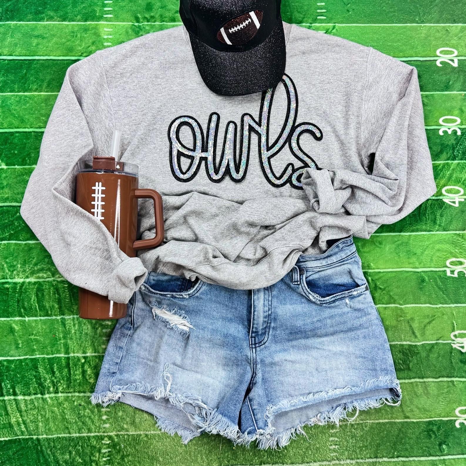 Owls sequin shirt, sweatshirt, school mascot, sequin patch, owls, football