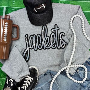 Jackets shirt. Jackets school mascot. Teacher. School spirit. Yellow jackets. Custom. Sequin patch. Jackets sweatshirt.