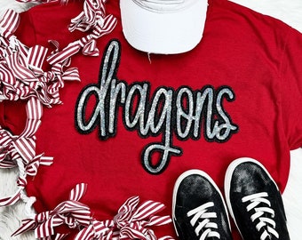 Manches courtes en sequins dragons, sweat-shirt dragons, mascotte d'école, patch sequins, dragons. Personnalisé. Mascotte de dragons