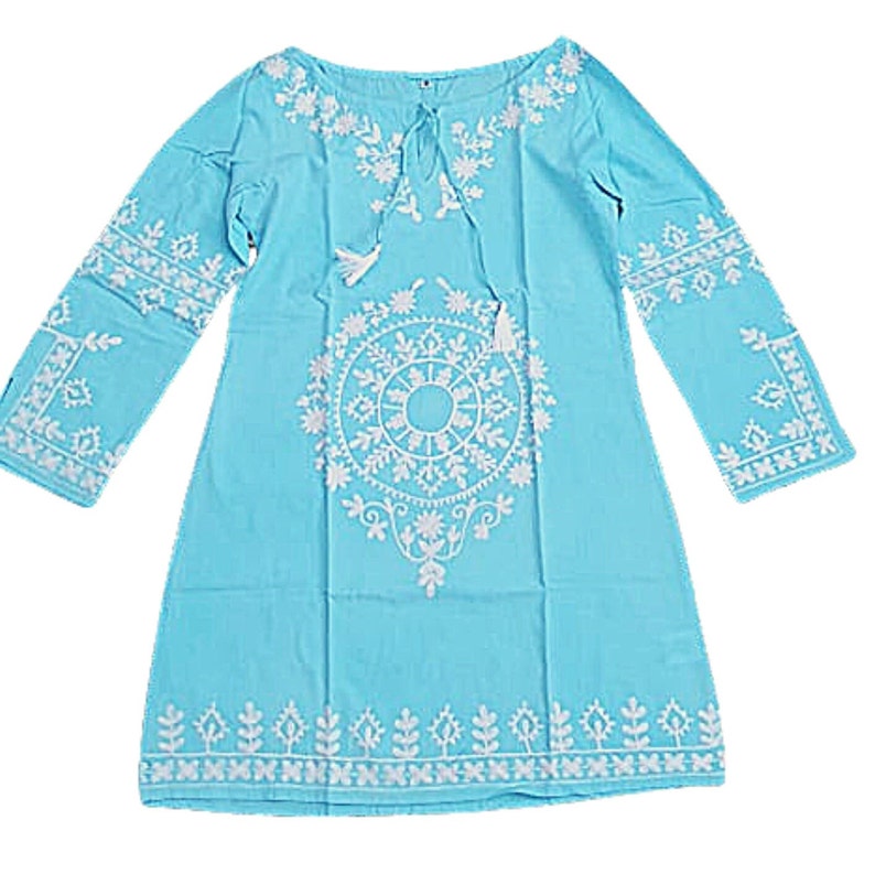Mexican style female embroidered sky blue tops or tunic