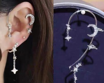 Handmade Moon Star No Piercing Ear Cuff - Silver Ear Cuff - Ear Cuff Wrap Earrings for Women - Birthday Gift For Her