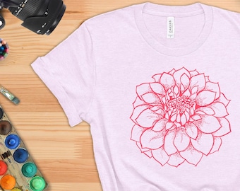 Heiße rosa Dahlien Tshirt, rosa Blume, Dahlien Tshirt, Blume Umriss Shirt, Frauen Blume t-Shirt, Natur-Shirt, hübsche Blume, handgezeichnete Blume