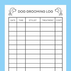 Dog Grooming Log, Dog Care Sheet, Dog Grooming Tracker, Pet Care Chart, Dog Care Log, Instant Digital Download, Dog Printable