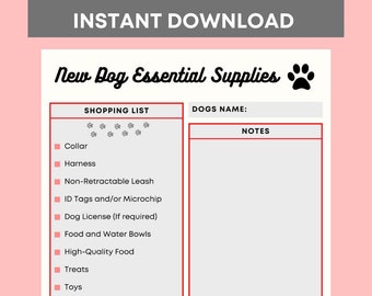 New Puppy Essentials Shopping List, New Dog Checklist, Instant Download