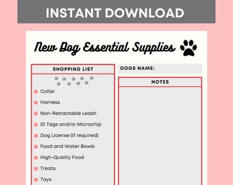 Nouvelle liste de courses pour chiots, liste de contrôle pour nouveau chien, téléchargement immédiat