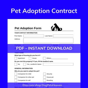 Pet Adoption Contract | Animal Pet Rescue | Puppy Adoption | Cat | Dog Agreement | Pet Form | Shelter Document | Pet Store | PDF