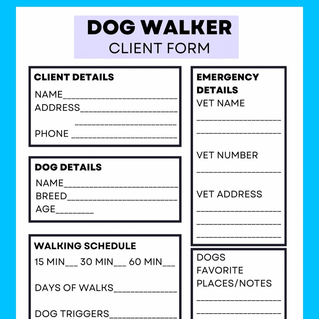 Dog Walker Printable Dog Walking Client Sheet Client Form Dog Walker
